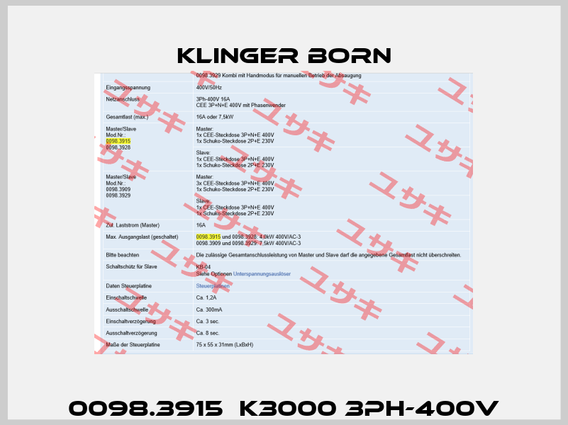 0098.3915  K3000 3Ph-400V Klinger Born